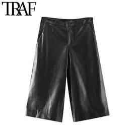 TRAF Women Fashion Side Pockets Faux Leather Bermuda Shorts Vintage High Waist Zipper Female Short Pants Mujer 210415