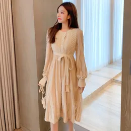 Autumn Single Breasted Sweet Hollow Out Lace Knitting Patchwork Dress Women Long Lantern Sleeve A Line Slim Sweater Dress 210514