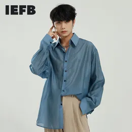 IEFB Korean Trendy Spring Long Sleeve Men's Shirts Fashion Pure Color Streetwear Oversize Lightweight See-through Tops 210524