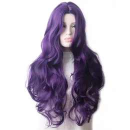 WoodFestival Wavy Purple Synthetic Wig Long Hair Colored Cosplay Wigs For Women Female Grey Green Pink Red Dark Brown Black Blue
