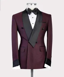2020 New Burgundy Red With Black Lapel Men's Slim Fit Formal Suits Custom Made 2 Pieces Wedding Tuxedos Suits Jacket Pants X0909