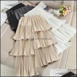 Skirts Womens Clothing Apparel Autumn Irregar Cakee Layered Cotton Blend Long Elastic Waist Pleasted Ruffles Tiered High Low A-Line Drop Del