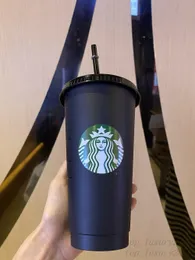 Starbucks 24oz/710ml Plastikbecher, wiederverwendbar, schwarzer Trinkbecher mit flachem Boden, säulenförmiger Deckel, Strohbecher