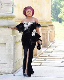 Aso Ebi African Black Mermiad Evening Dresses Lace Applique Off Shoulder Sidel Split Prom-kappor för Kvinnor Party Formell Klänning Anpassad