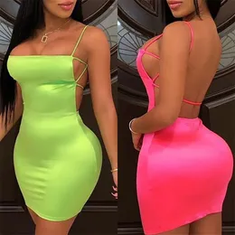 OMSJ Summer Street Neon Green Pink Bodycon Mini Dresses Vestidos Sexy Package Hips Womens Party Club 210517