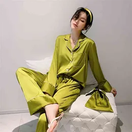 Daeyard Silk Pajama Zestawy dla kobiet Luksusowy Długi Rękaw Piżamy Piżamy Piżamy Oversize 2 PCS Przycisk Pijama z torbami Sexy Homewear 210830