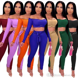 2021 Fall Women Two Piece Pants Set Long Sleeve One Shoulder Tracksuits Jackets Leggings Outfits Sportswear Open midje Fashion Suit
