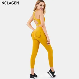 NCLAGEN Women Sexy Hollow-out FitnSports Pocket Yoga Suit Clothing Gym Workout Running Training Crop Top Pants Two-piece Set X0629