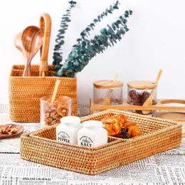 Handmade Rattan Cesta de Armazenamento Hand-Woven Caixa de Armazenamento Pão de Pão de Frutas de Alimento De Exposição de Café da Café da Alimentação Organizador de Desktop Home Decor 210609