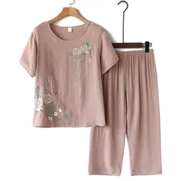 Home Mom Nightie Linen Cotton Female Colorful Set Of Two Fashion Pieces Short Sleeve Casual Brief Loose Women Pajama Big Size 210830