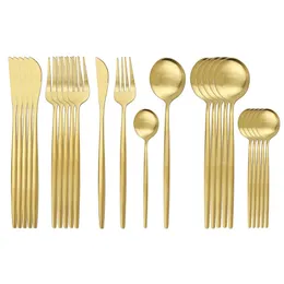24 st matt guldplattor bestick set 304 rostfritt stål servis uppsättning kök kniv gaffel sked silware porslin set 211012