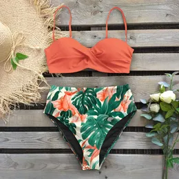 Leaf Print High Waist Push Up Mid Waist Bikini Set Sexy
