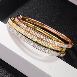 Fashion Jewelry Design Bangle Full Diamond Stainless Steel Cuff Bracelet for Women Men 2 Row Stone Bangles 3 Colour Select