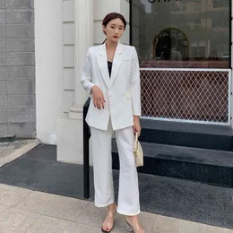 Wiosna i jesień Biały damski Pantsuit Elegancki Dwuczęściowy Zestaw Pojedynczy Klamra Striped Slim Blazer Girly Profesjonalny Kostium Kobieta 210514