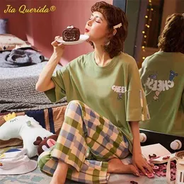 Frühling Rundhalsausschnitt Lose Frau Kleidung Pyjamas für Frauen Loungewear Pjs Nachtwäsche Kurzarm Plaid Hosen Homesuit Homeclothes 210809