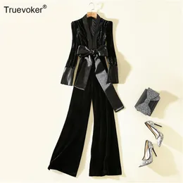 Truevoker Designerベロアロングジャンプスーツ女性のハイエンドファッション秋フルスリーブセクシーなVネックブラックベルベットロンパース210602