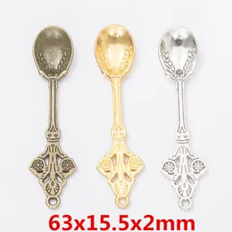 30 sztuk 63 * 15mm Vintage Silver Color Gold Spoon Charms Antyczne Brąz Łyżki Wisiorek Do Bransoletki Kolczyk Naszyjnik DIY Biżuteria