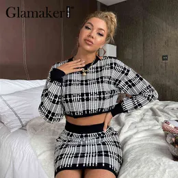Glamaker Knitted plaid women skirts suit Elegant cropped sweater top and mini skirts Autumn winter office warm sweater dress set 211119