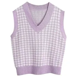 Heflashor kvinnor houndstooth väst tröja casual v nacke ärmlös höst vinter jumper knit koreanska stil pullover lösa toppar 210819