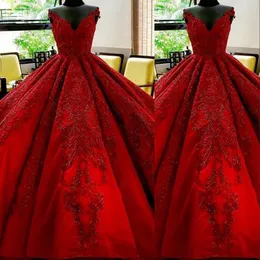 2022 Sexig Mörk Röd Luxury Arabiska Aftonklänningar Använd Sweetheart Off Shoulder Lace Appliques Bling Crystal Beaded Ball Gown Formell Party Dress Prom Gowns