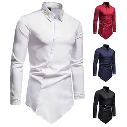 2021 New Hollow European Size Men's Trend Splicing Asymmetric Long-sleeved Shirt Western Denim Shirt Slim Fit Social Dress G0105