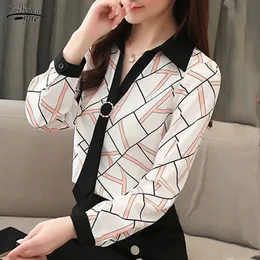 Blusas秋シフォンシャツ女性韓国の縞模様の長袖ブラウスプルオーバーVネックプラスサイズの女性トップス10673 210521