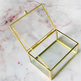 Open Lid Jewelry Ring Box Glass Rectangular Transparent Small Storage With Golden Rim And 210922