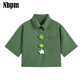 Verão Mulheres Mulheres Manga Curta Streetwear Moda Casual Camisa Feminina Flores Verdes Blusas Crop Top Feminino Túnica 210529