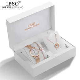 IBSO kobiety Zegarek Kwarcowy Zestaw Rose Gold Crystal Design Bransoletka Naszyjnik S żeńskiej Biżuteria Pani żona Mama Prezent 210616