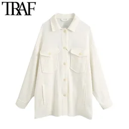 TRAF Women Fashion With Pockets Oversized Tweed Jacket Coat Vintage Long Sleeve Button-up Female Outerwear Chic Tops 210914