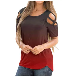 Summer T Shirt Women O-neck Short Sleeve Gradient Strappy Cold Shoulder T-shirt Lady Fashion Casual Tops Blouse T-shirts X0507