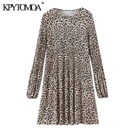 Kvinnor Chic Fashion Leopard Skriv ut Pleated Mini Dress Vintage O Neck Långärmad Kvinnlig Klänningar Vestidos Mujer 210416