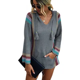New Women Color Block Hoodie Sweater 2020 Autumn V Neck Mexican Baja Stripe Casual Pullover Patchwork Loose Knit Poncho Sweaters X0721