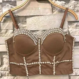 Letnia Moda Dance Koralik Bustier Perły Diament Push Up Night Club Bralette Damskie Biustonosz Cropped Top Kamizelka Plus Rozmiar 210527