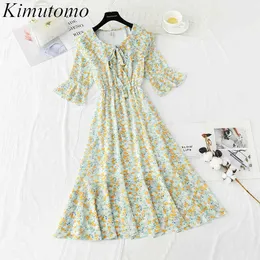 Kimutomo Fresh Floral Chiffon Dress French Sweet Double-layer Bow Lace Up Butterfly Sleeve High Waist Ruffles Sweet Vestidos 210521