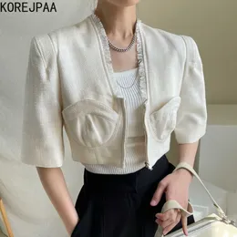 Korejpaa Women Sets Summer Korean Chic Elegant Neckline Fringe Edge Stitching Zipper Double Pockets Five-Point Sleeve Coat 210526