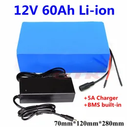 GTK 12V 60AH LITIUM LI JON Batteripaket 12V med BMS för utomhusljus HID inverterare Xenon Lights Solar+5A -laddare