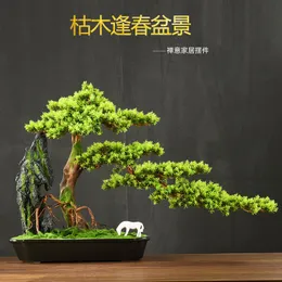 装飾的な花の花輪の花輪の中国風の模擬植物のゲスト - 挨拶の松の盆栽芸術と工芸品の死んだ木の木の根彫刻人工
