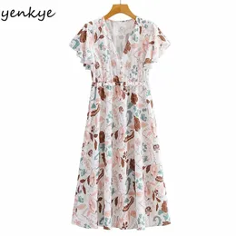 Vestido casual de férias feminino decote em v manga curta estampa floral elegante feminino evasê midi verão pradaria vestido chique 210514