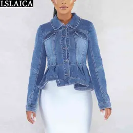 Длинный рукав джинсовая куртка Женщины Винтаж Швы Одежда Мода Повседневная Уличная Обратитесь Кутес де Мухеер 210520