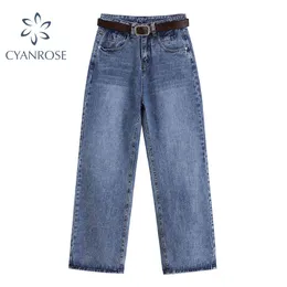 Lato Koreańska Wysoka Talia Dżinsy Kobiety Streetwear Solid Z Pasem Proste Spodnie Moda Harajuku Luźne Dżnowie Dżinsowe Spodnie 210417