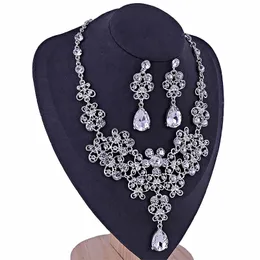 Brincos Colar Elegante Clear Floral Cristal Strass e Sets Bridal Jewelry Wedding Acessórios para mulheres VL