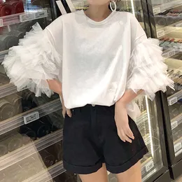 Mozuleva Summer Oversized T Shirt Women Short Sleeve Mesh Top Cotton Tees Shirt Femme Puff Sleeve Top Korean Streetwear 210706