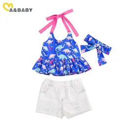 1-5Y Toddler Baby Kid Girls Dinosaur Clothes Set Summer Ruffles Vest Tops Pu Denim Shorts Outfits Barndräkter 210515