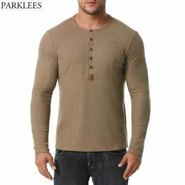 Mens Fashion Henley Neck T Shirt Cotton Casual Slim Fit Waffle Tshirt Men Long Sleeve Slim Fit Tee Shirt Homme Camisetas 2X 210522