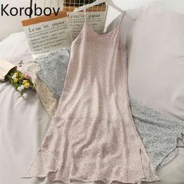 Korobov Yeni Bahar Yaz Ince Spagetti Kayışı Kadınlar Elbise Renpy Stil Çiçek Baskı Şifon Elbiseler Tatlı Chic Vestidos 210430