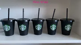 Starbucks Sirena Dea 16 once/473 ml Bicchieri di plastica Bicchiere Riutilizzabile Nero Bere Fondo Piatto Pilastro Coperchio Tazze di Paglia 10 pz