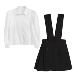 Svart Khaki Vit Slå ner Collar Shirts Braces Mini Skirt Två Pieces Set Women Pocket Button Puff Sleeve T0460 210514