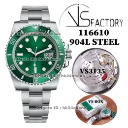 VS Factory Luksusowe zegarki 116610 40mm 904L Stal nierdzewna VS3135 AUTOMATYCZNY Zegarek męski Sapphire Green Dial Ceramic Bezel Bransoletka SS Gents