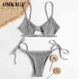 Omkagi Bikini Bikini -Badebekleidung Frauen Badeanzug Solid verstellbarer Sommerset Strandkleidung Rückenfreier Biquini Frau 210712